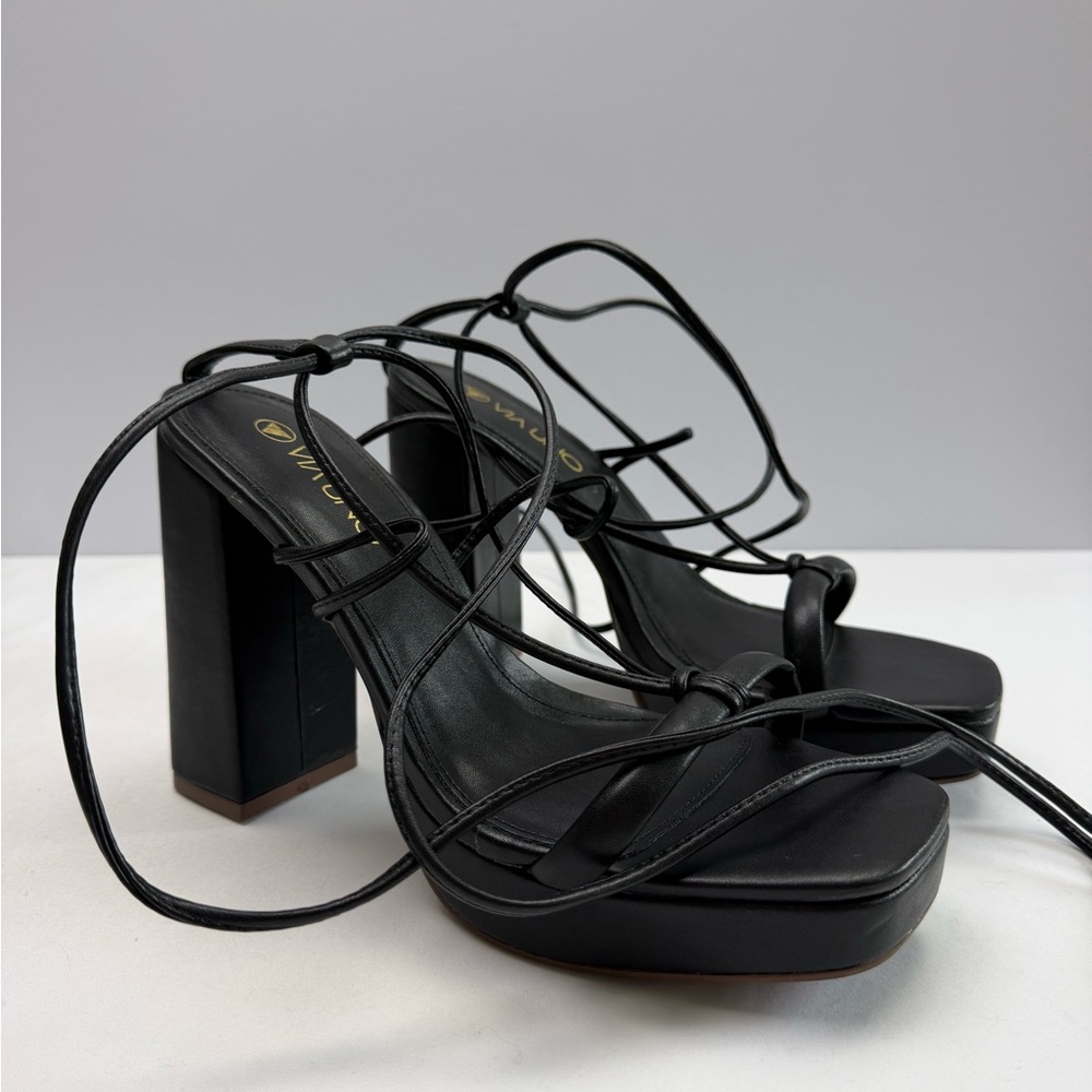 NWOT Via Uno Black Lace Up Strappy Block Heel Sandals‎ Platform 9 Made Brazil